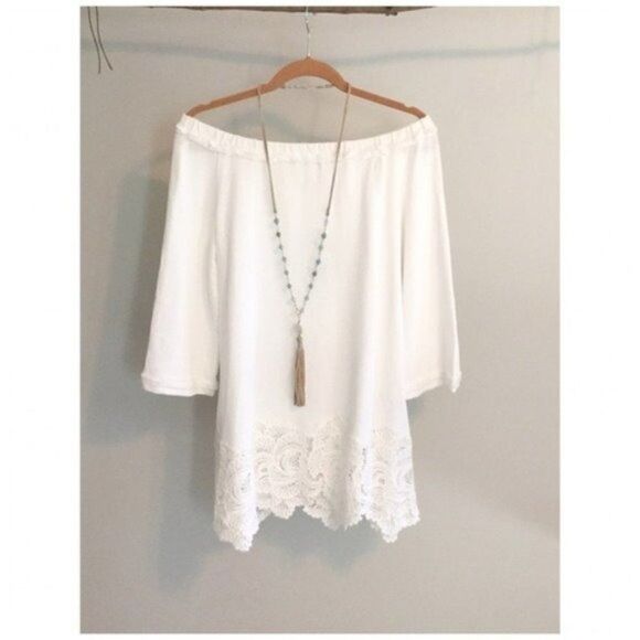Grey State Tops - OFF Shoulder Ivory Tunic with Lace Detail